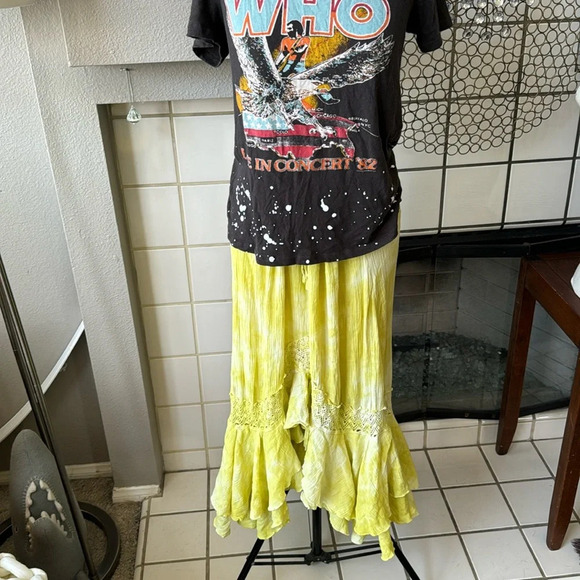 lime green tie dye style Womens Hi Lo Maxi skirt Ruffle Hem drawstring Boho Med - Picture 1 of 6